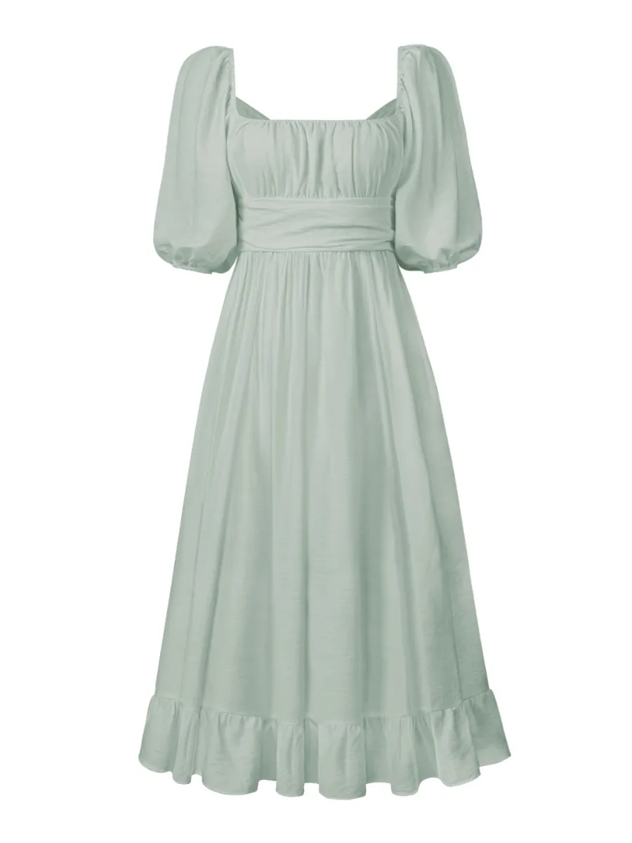 Under The Tuscan Back Tie Bow Puff Sleeve Mid Dress - Sage