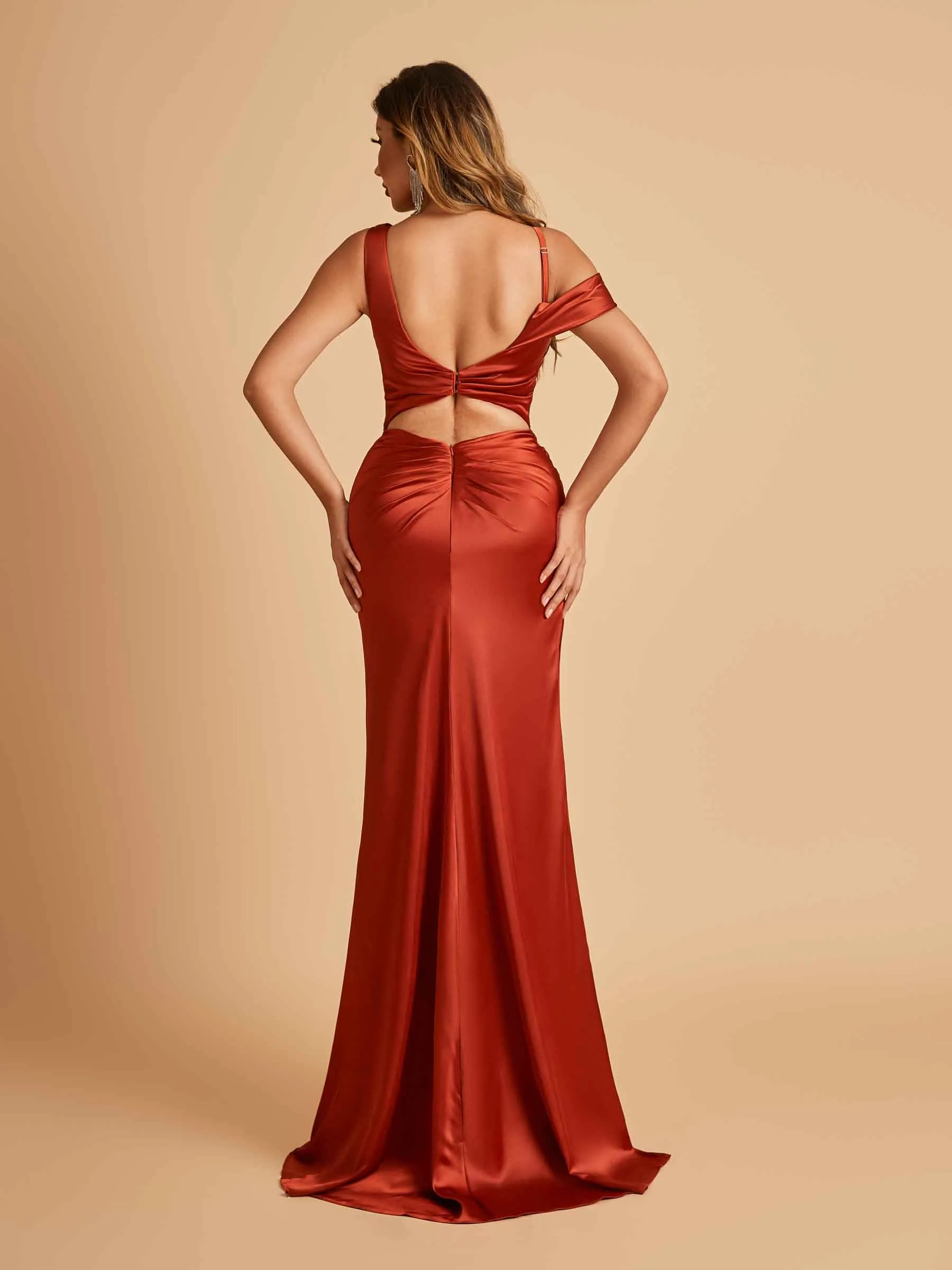 Unique Satin One Shoulder Bridesmaid Dresses Side Slit Half Open Back Floor Length