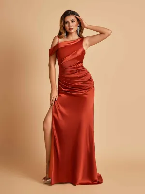 Unique Satin One Shoulder Bridesmaid Dresses Side Slit Half Open Back Floor Length
