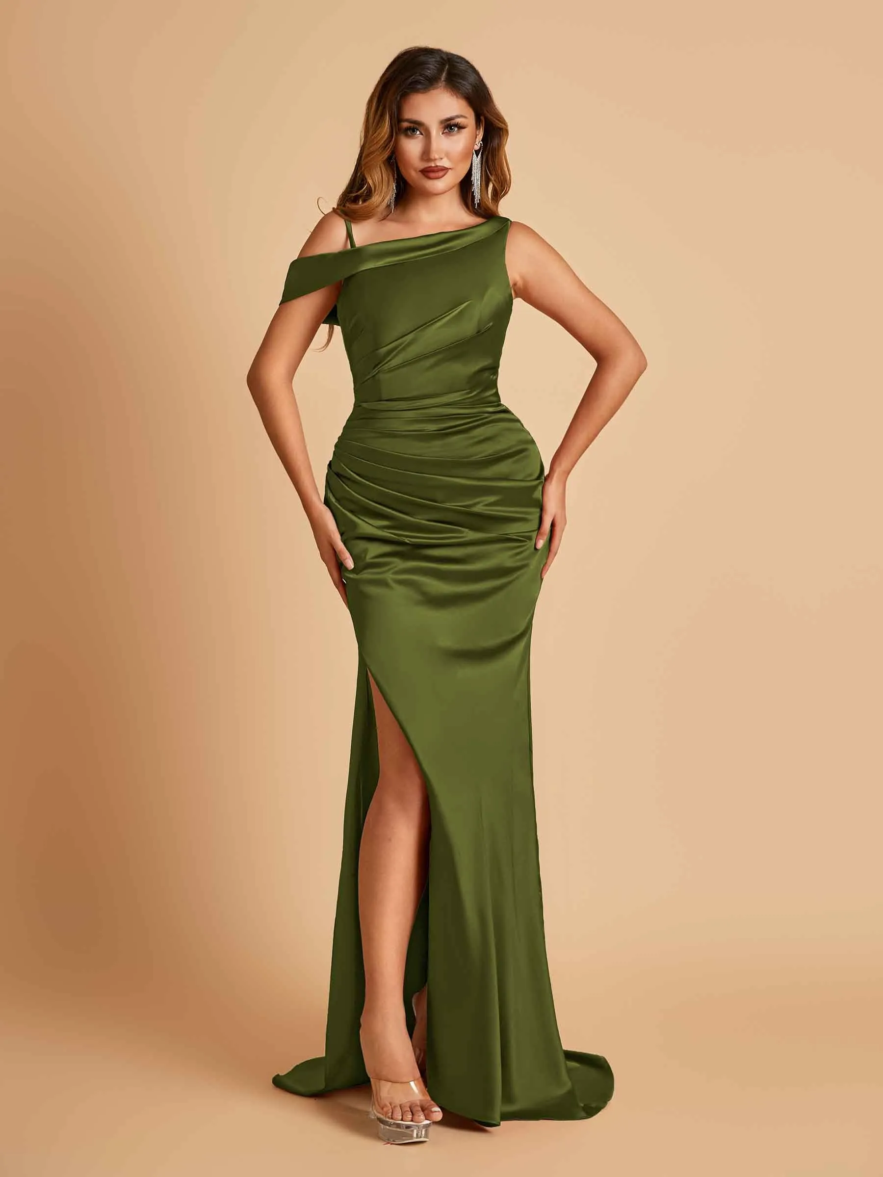 Unique Satin One Shoulder Prom Dresses Side Slit Half Open Back Floor Length