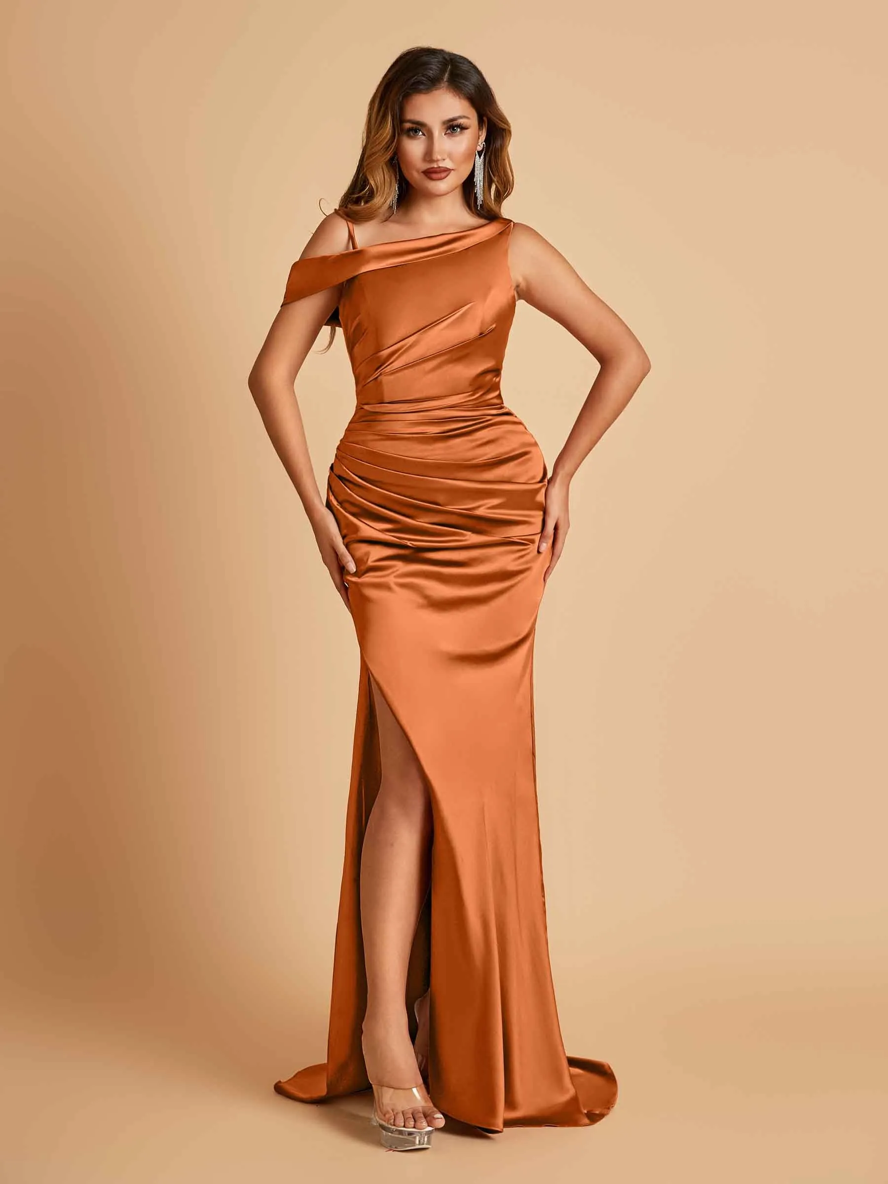 Unique Satin One Shoulder Prom Dresses Side Slit Half Open Back Floor Length