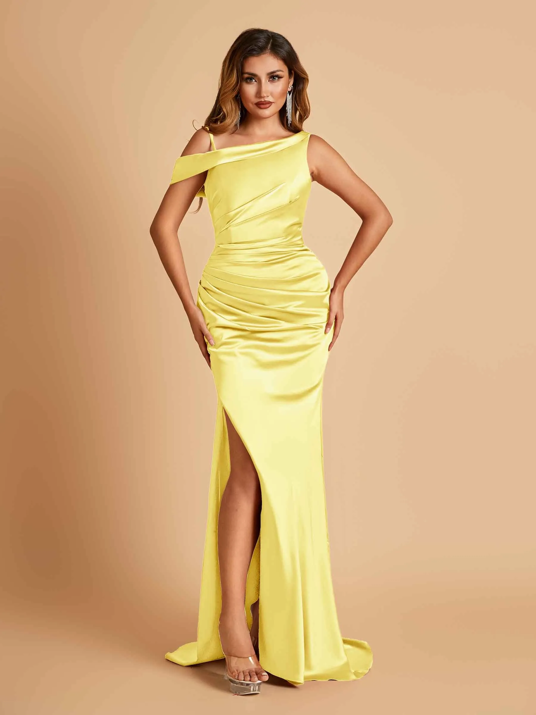 Unique Satin One Shoulder Prom Dresses Side Slit Half Open Back Floor Length