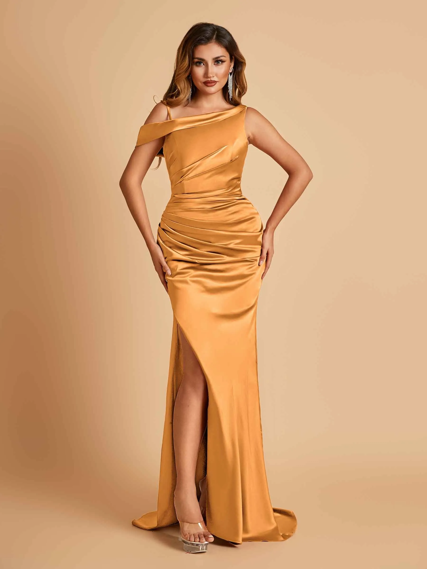 Unique Satin One Shoulder Prom Dresses Side Slit Half Open Back Floor Length