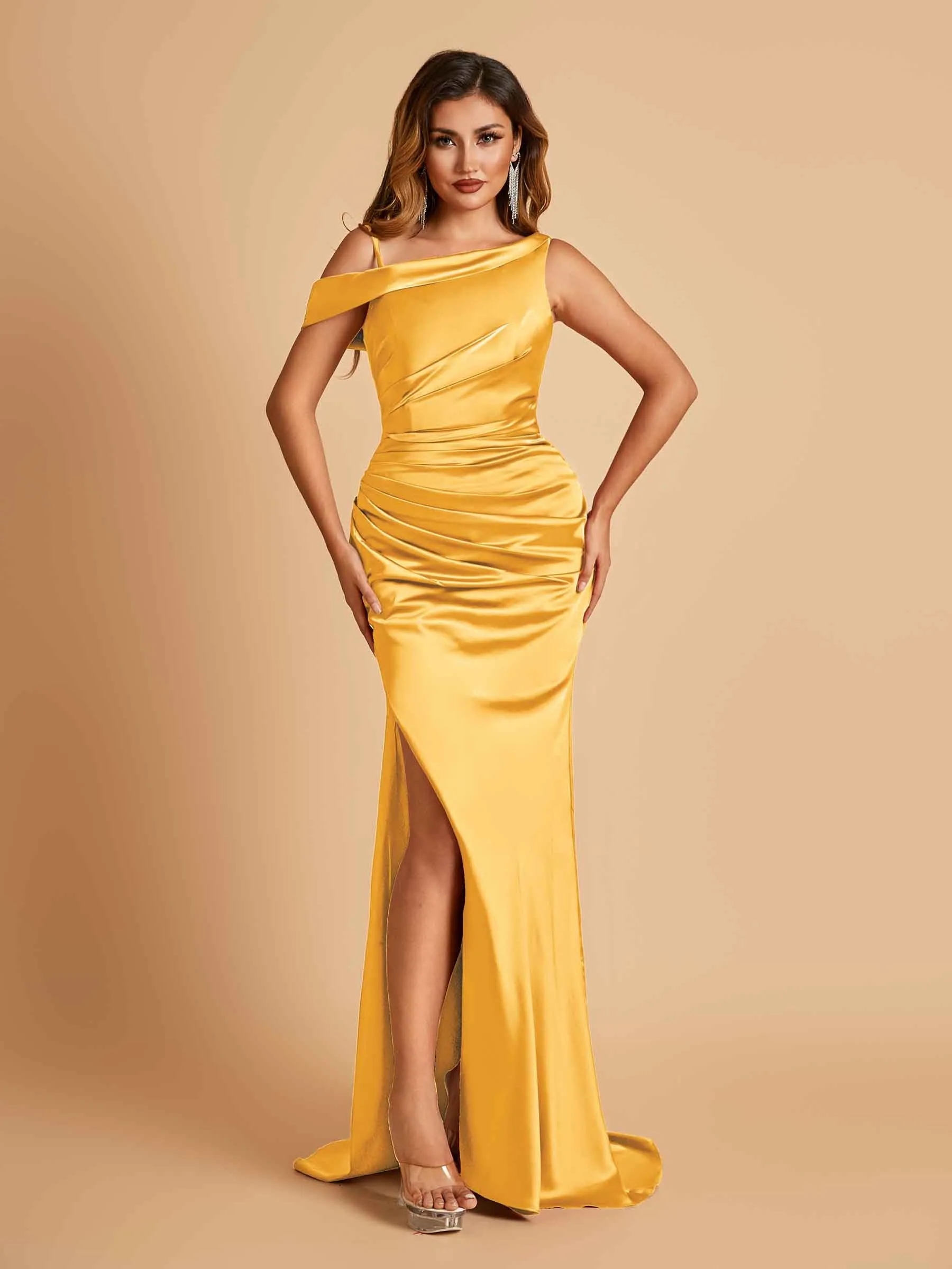 Unique Satin One Shoulder Prom Dresses Side Slit Half Open Back Floor Length