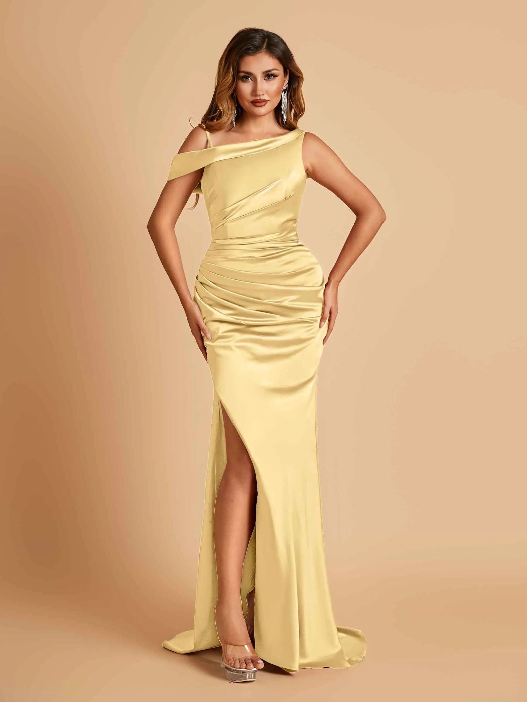 Unique Satin One Shoulder Prom Dresses Side Slit Half Open Back Floor Length