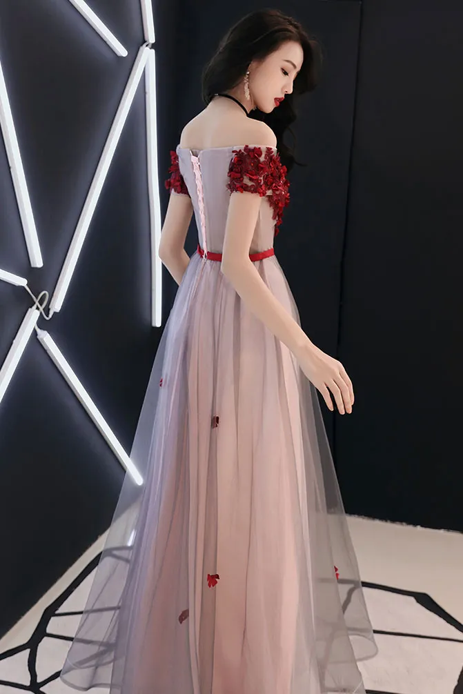 Unique tulle lace long prom dress, tulle evening dress