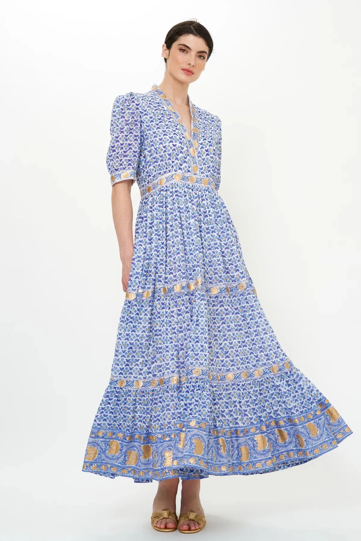 V-Neck Cuffed Maxi- Veranda Blue