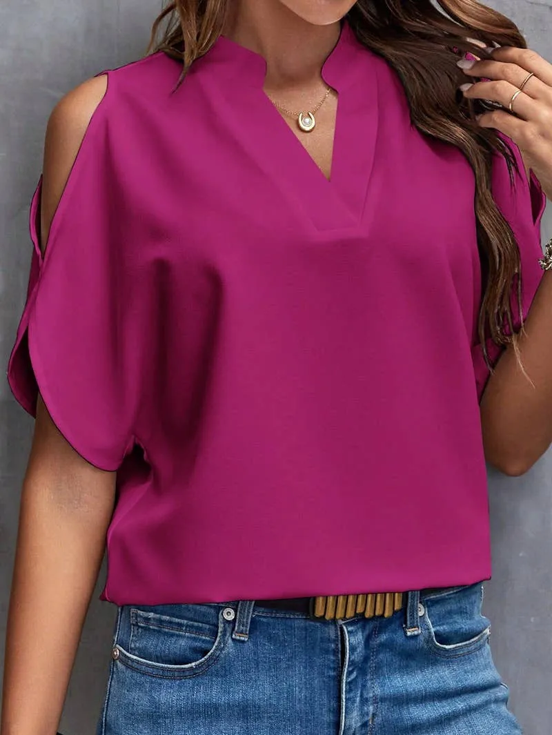 V-NECK STYLISH SLEEVED WOMEN'S BLOUSE: RED Lily Clothing