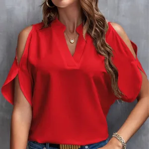 V-NECK STYLISH SLEEVED WOMEN'S BLOUSE: RED Lily Clothing