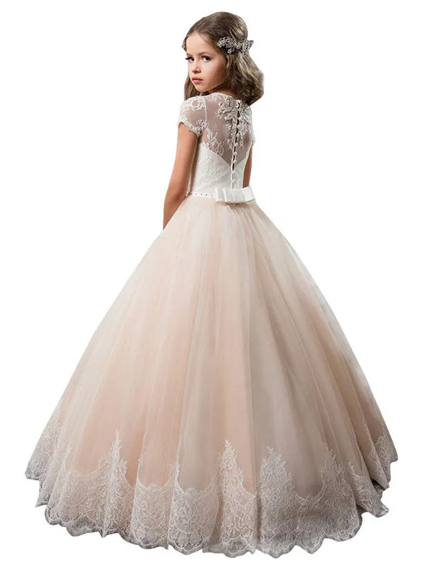 V-Neck Tulle Short Sleeves Ankle Length Ball Gown Bows Kids Pageant flower girl dresses