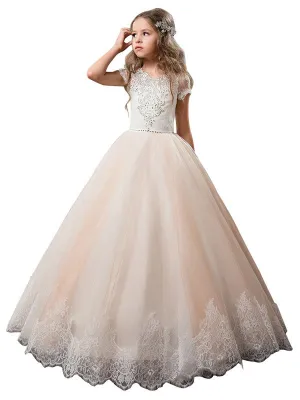 V-Neck Tulle Short Sleeves Ankle Length Ball Gown Bows Kids Pageant flower girl dresses