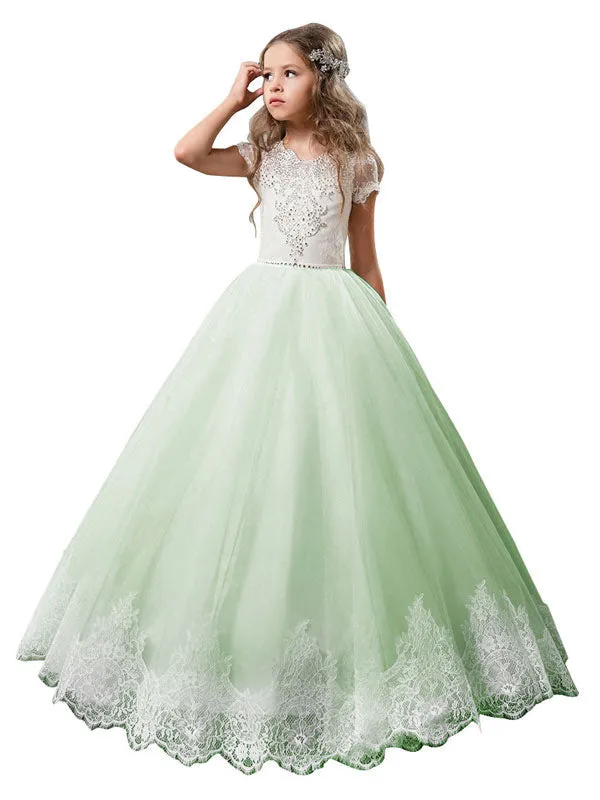 V-Neck Tulle Short Sleeves Ankle Length Ball Gown Bows Kids Pageant flower girl dresses