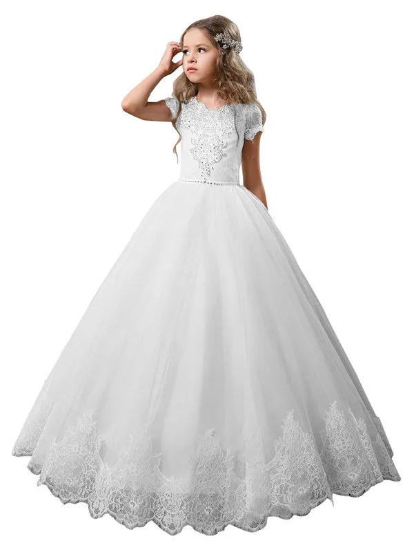 V-Neck Tulle Short Sleeves Ankle Length Ball Gown Bows Kids Pageant flower girl dresses