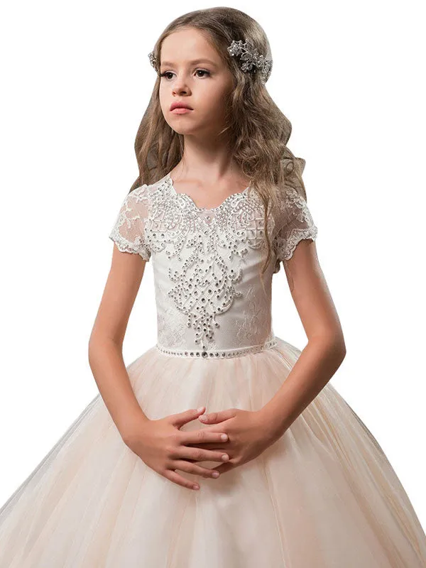 V-Neck Tulle Short Sleeves Ankle Length Ball Gown Bows Kids Pageant flower girl dresses