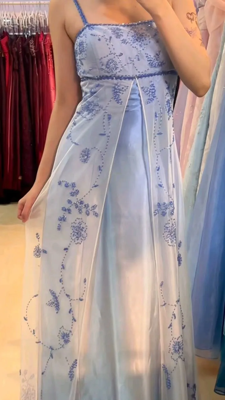 Vintage A Line Spaghetti Strap Beaded Blue Ombre Satin Tulle Party Dress Evening Dress SH2792