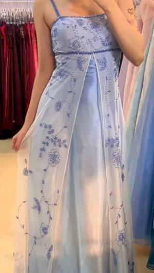 Vintage A Line Spaghetti Strap Beaded Blue Ombre Satin Tulle Party Dress Evening Dress SH2792