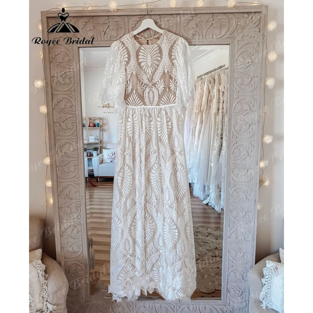 Vintage Bohemian Lace Boho Beach Open Back Women Wedding Dress with Sleeve 2025 Robe Mariee Bridal Gown Custom Made Floor Length