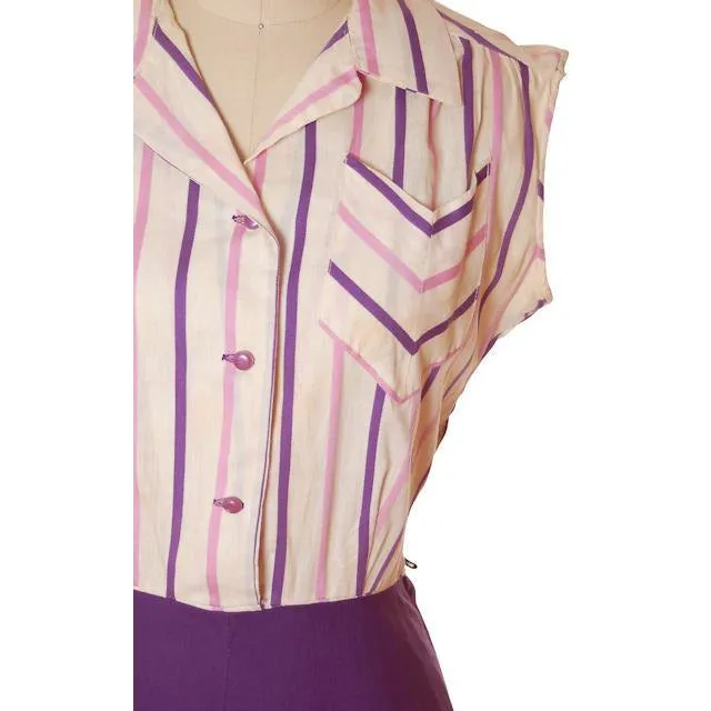Vintage House Dress Purple/Stripes 1940s 43-30-48