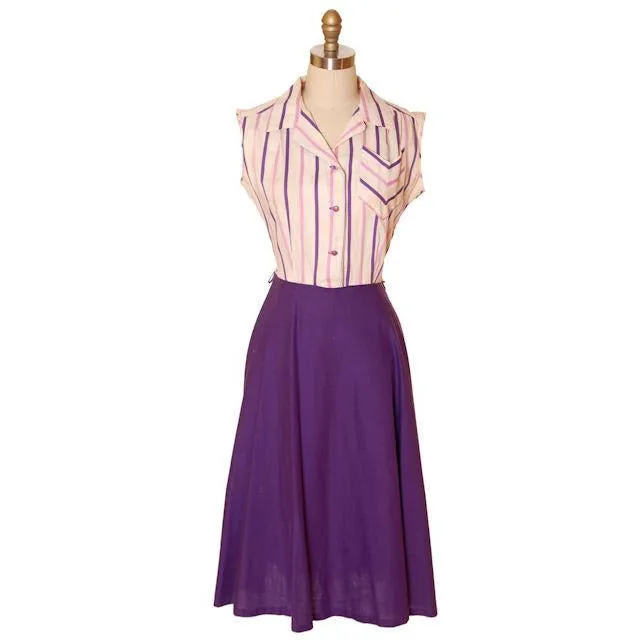 Vintage House Dress Purple/Stripes 1940s 43-30-48