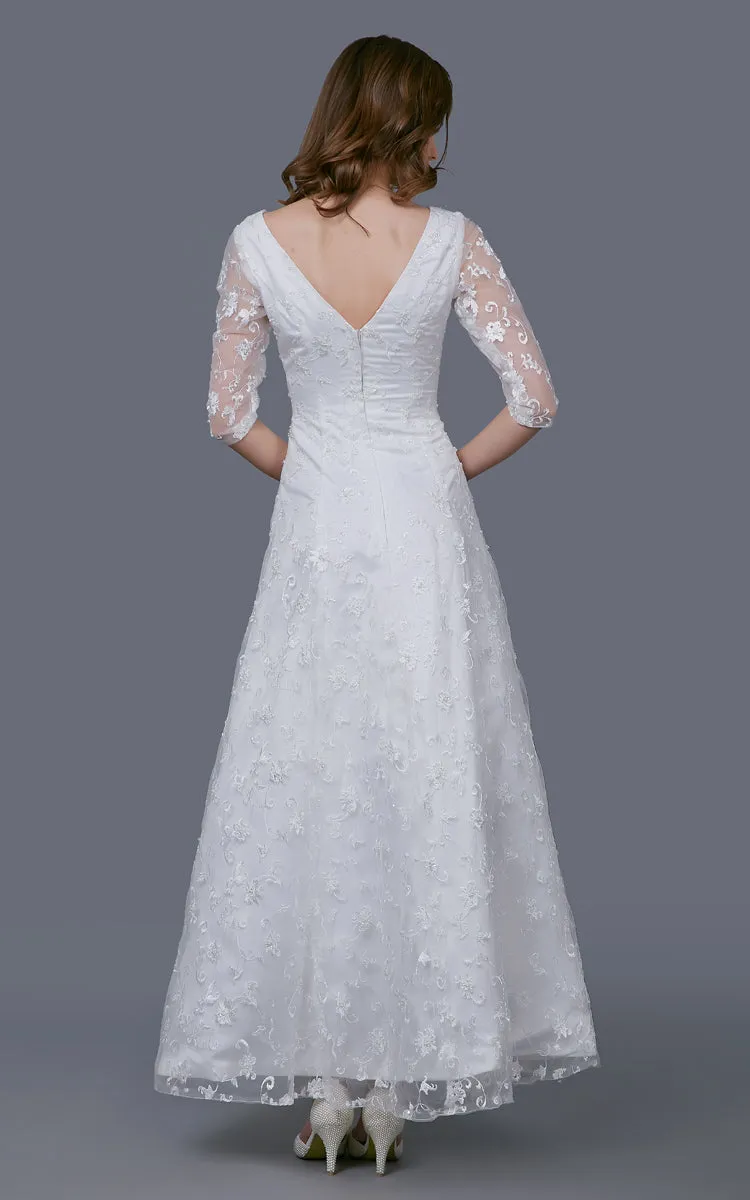 Vintage Long Lace Sleeve V-neck A-line Lace Gown With Pleats-ZP_706282