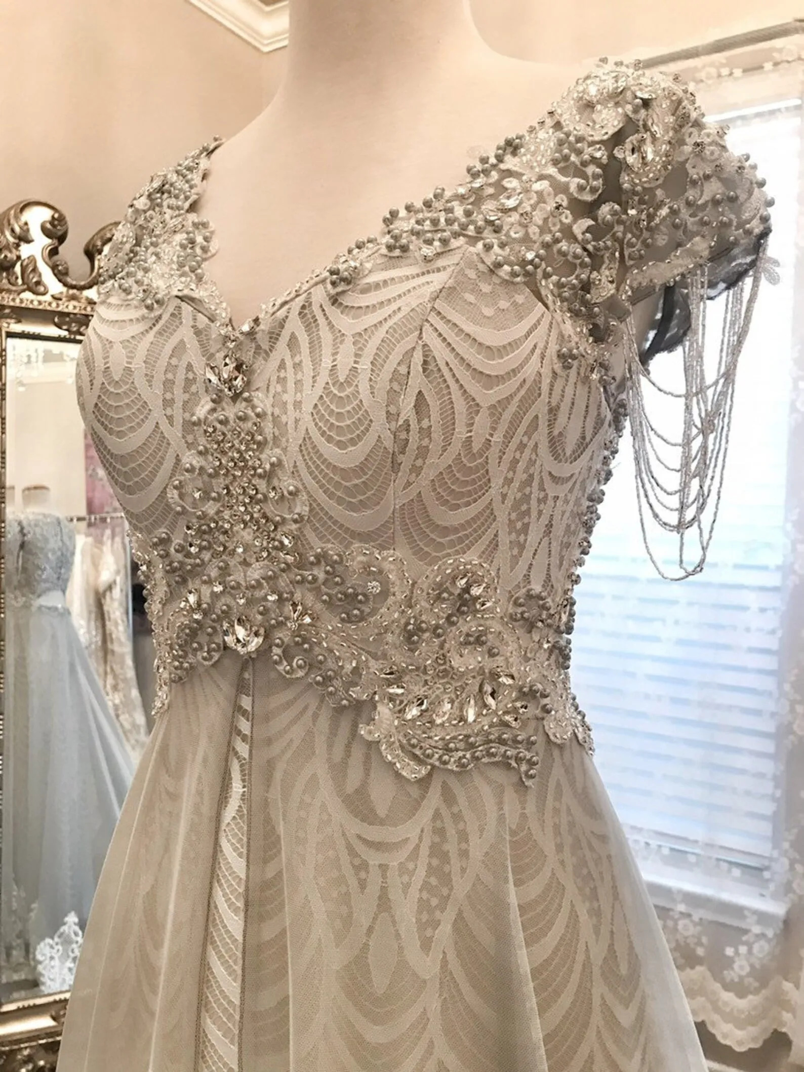 Vintage Style Pearl Beading Sheath Wedding Dress Sarah