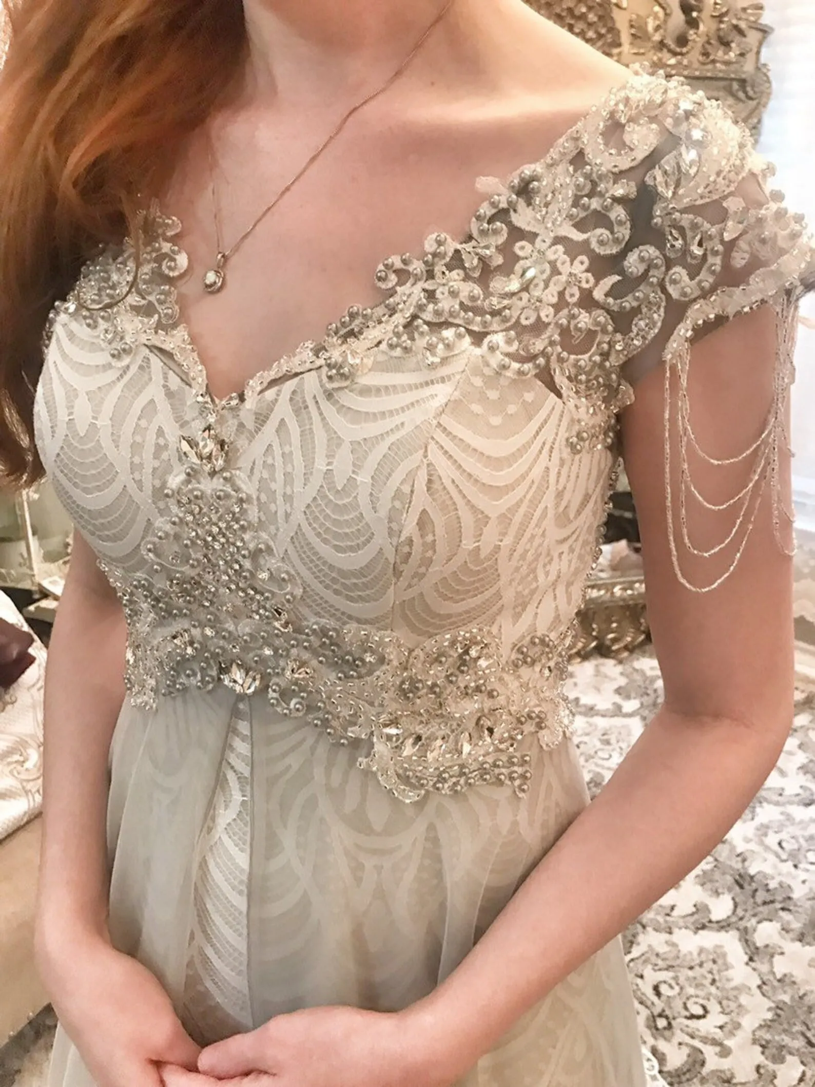 Vintage Style Pearl Beading Sheath Wedding Dress Sarah