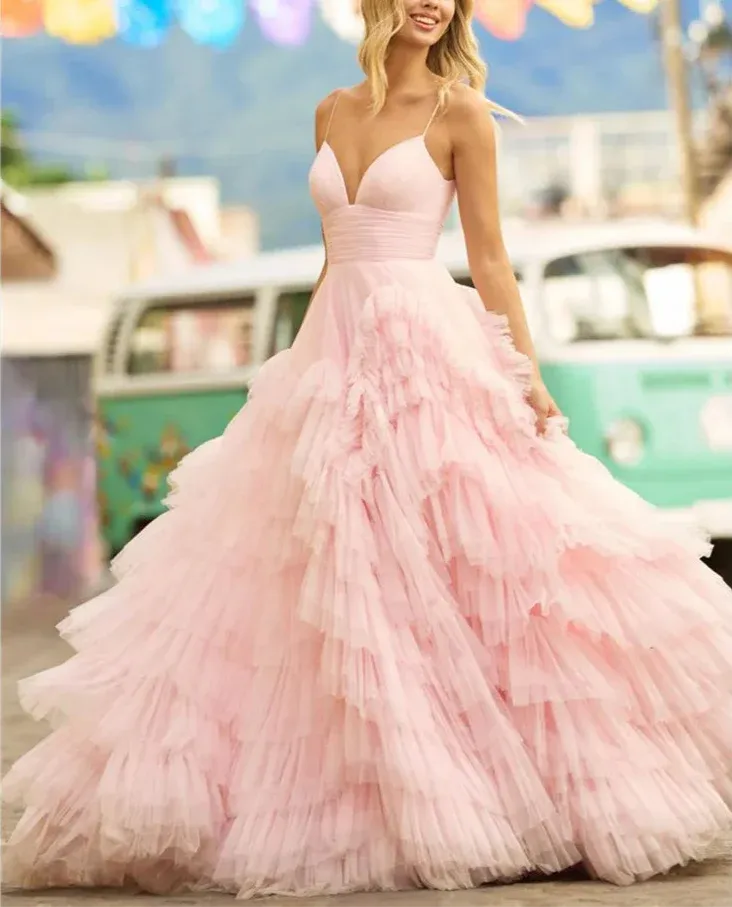 VougeVamp Baby Pink Multilayer Prom Dress - Princess Tulle A-Line Evening Gown with Sweep Train
