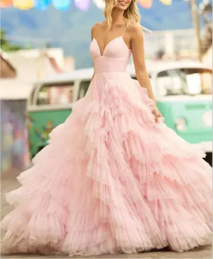 VougeVamp Baby Pink Multilayer Prom Dress - Princess Tulle A-Line Evening Gown with Sweep Train