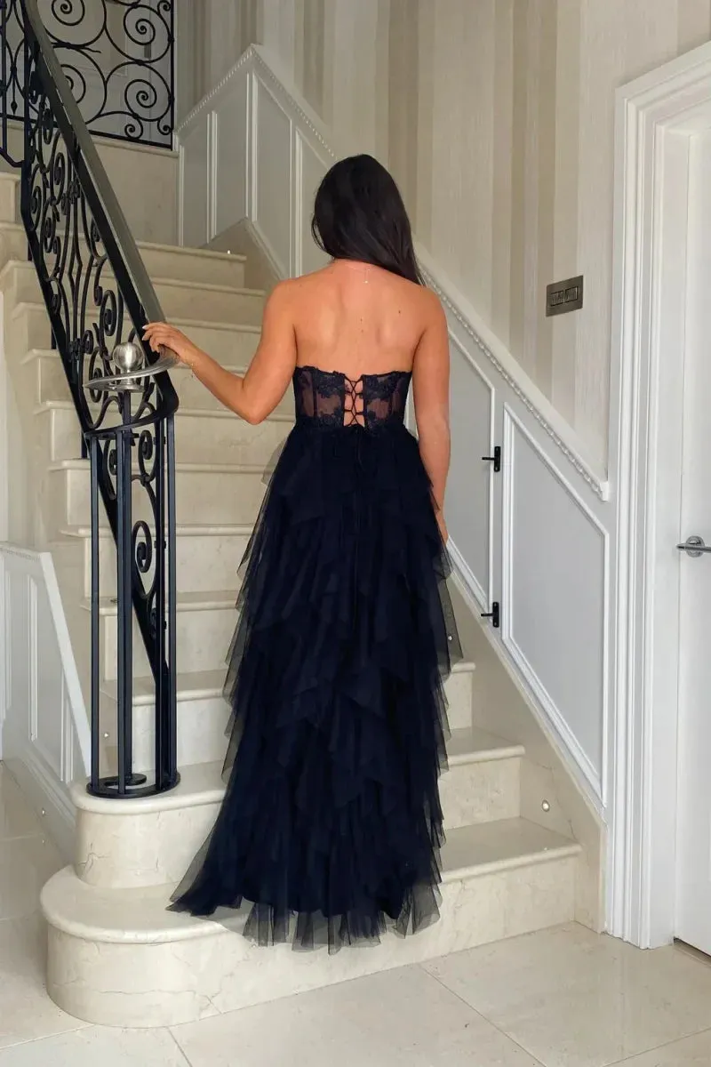 VougeVamp Black Prom Dress - Lace Embroidery Multi-Layer Tulle Off-Shoulder Wedding Gown