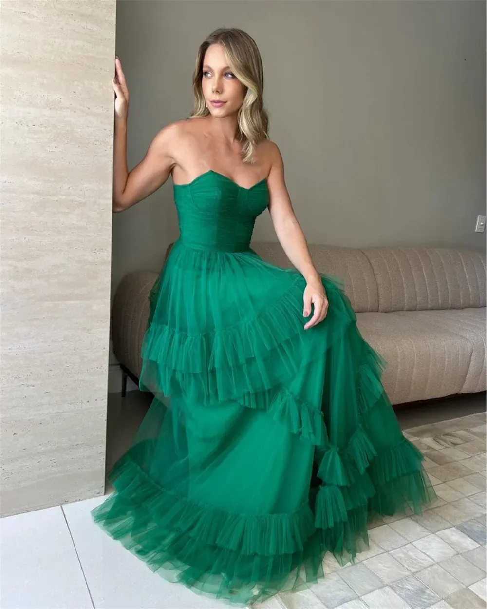 VougeVamp Strapless Green Prom Dress - Tulle Layered A-Line Evening Gown for Weddings and Parties