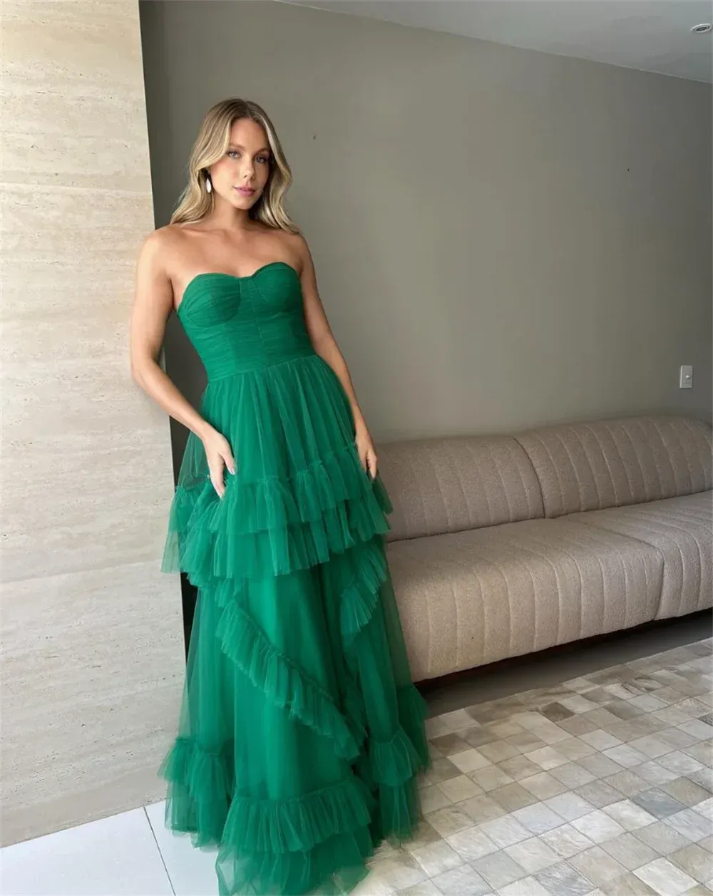 VougeVamp Strapless Green Prom Dress - Tulle Layered A-Line Evening Gown for Weddings and Parties