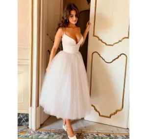 VougeVamp Sweetheart Tulle Prom Dress - White Sexy V-Neck Ankle-Length A-Line Evening Gown