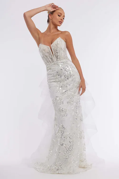 White Sequin Gown W/Removable Tulle Train