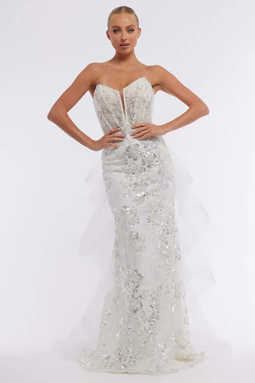 White Sequin Gown W/Removable Tulle Train