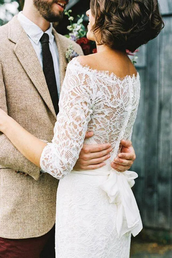 White Sheath Off Shoulder 3/4 Sleeves Sweep Train Wedding Dresses, MW731