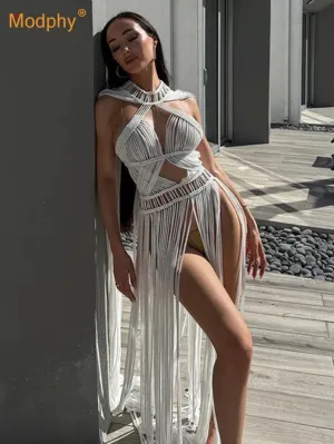 White Turtleneck Long Tassel Design Maxi Dress