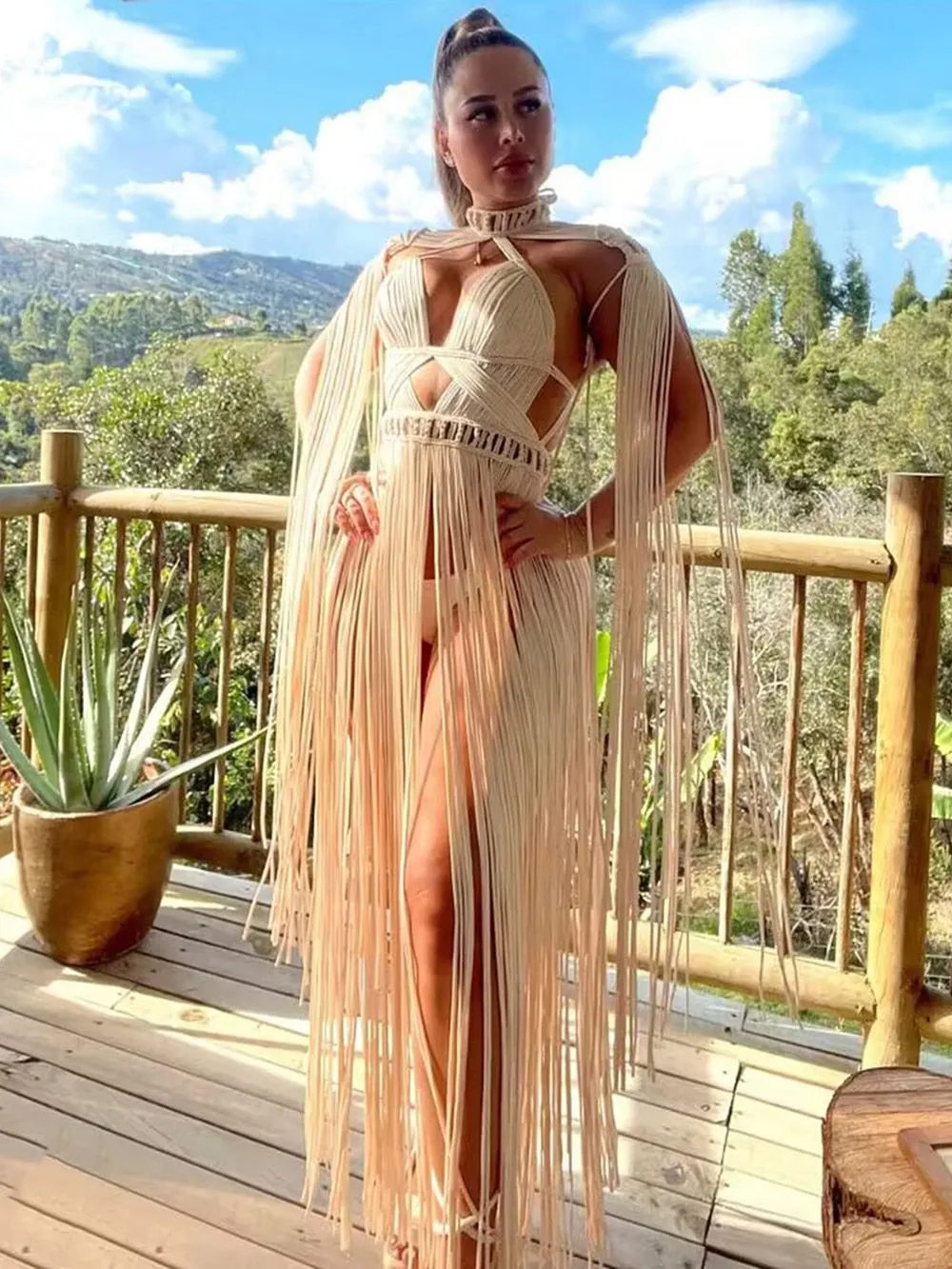 White Turtleneck Long Tassel Design Maxi Dress