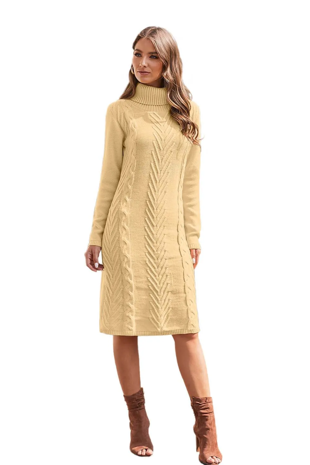 Winter Khaki Hand Knitted High Neck Sweater Dress