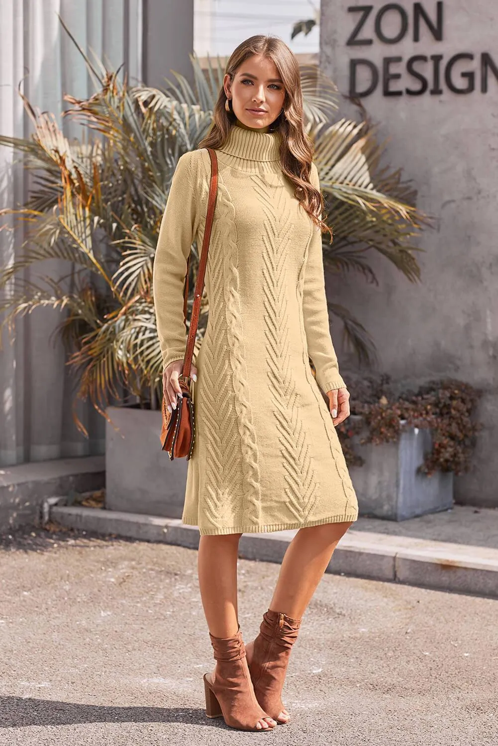 Winter Khaki Hand Knitted High Neck Sweater Dress