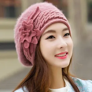 Woman's Knitted Winter Wool Flower Skullie