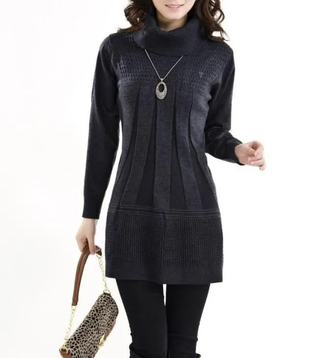 Women Knitted Dress Ladies Casual Turtleneck And O-neck Plus Size O-Neck Women Plus Size Winter Dresses WZQ039
