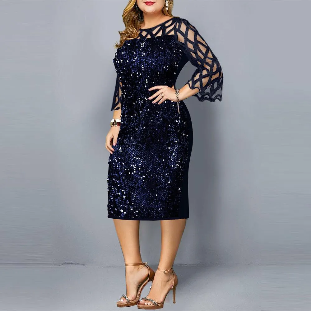 Women Sequin Plus Sizes 3/4 Length Sleeves Fall Dresses