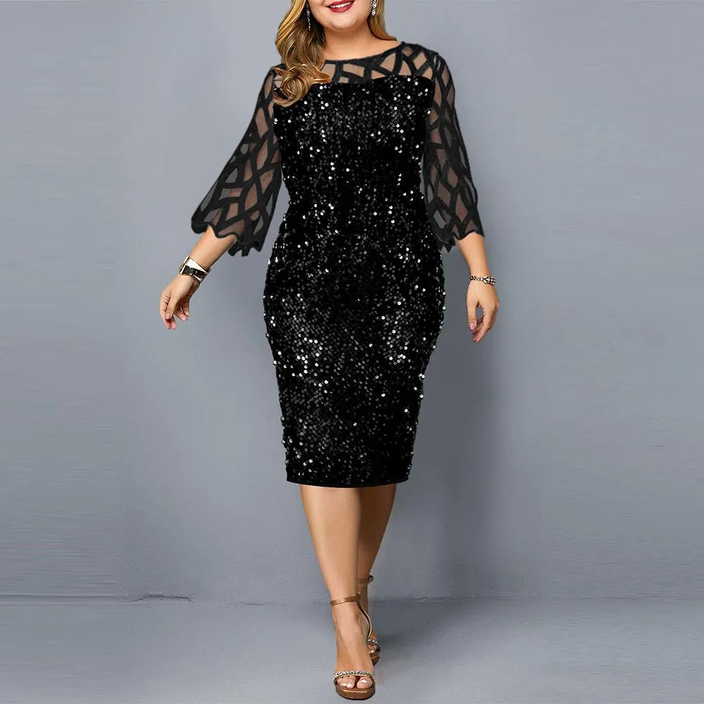 Women Sequin Plus Sizes 3/4 Length Sleeves Fall Dresses
