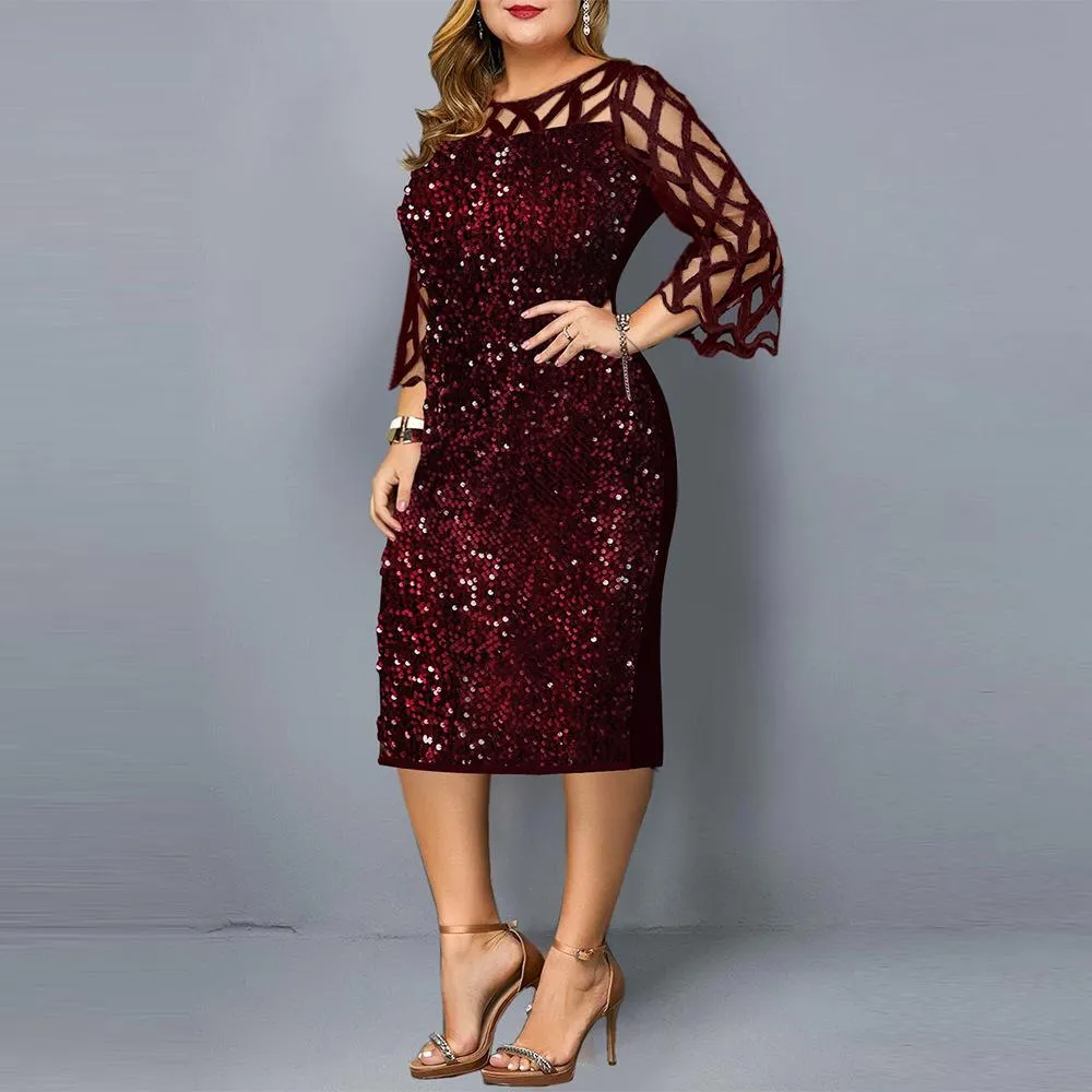 Women Sequin Plus Sizes 3/4 Length Sleeves Fall Dresses