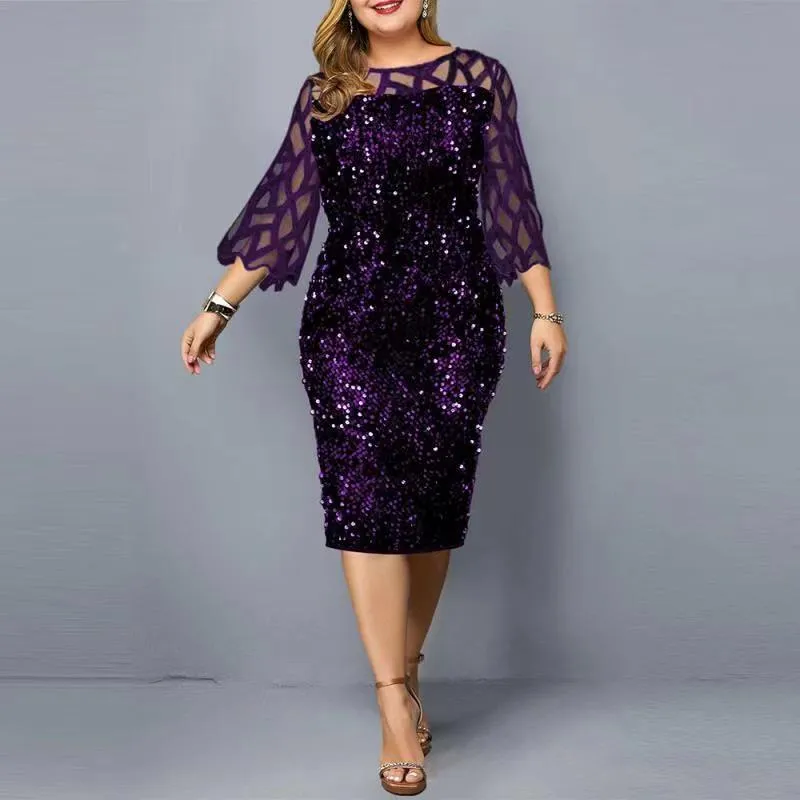 Women Sequin Plus Sizes 3/4 Length Sleeves Fall Dresses