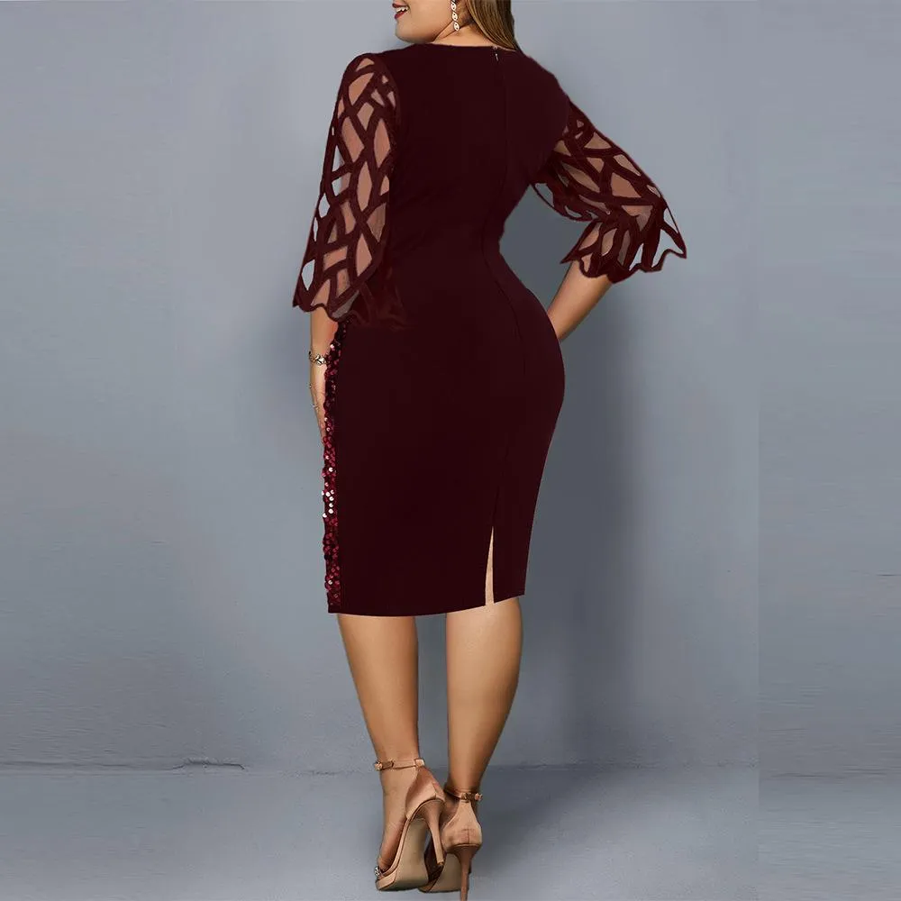 Women Sequin Plus Sizes 3/4 Length Sleeves Fall Dresses