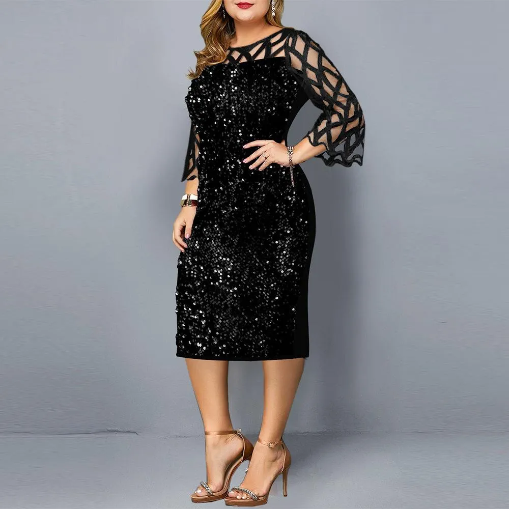 Women Sequin Plus Sizes 3/4 Length Sleeves Fall Dresses