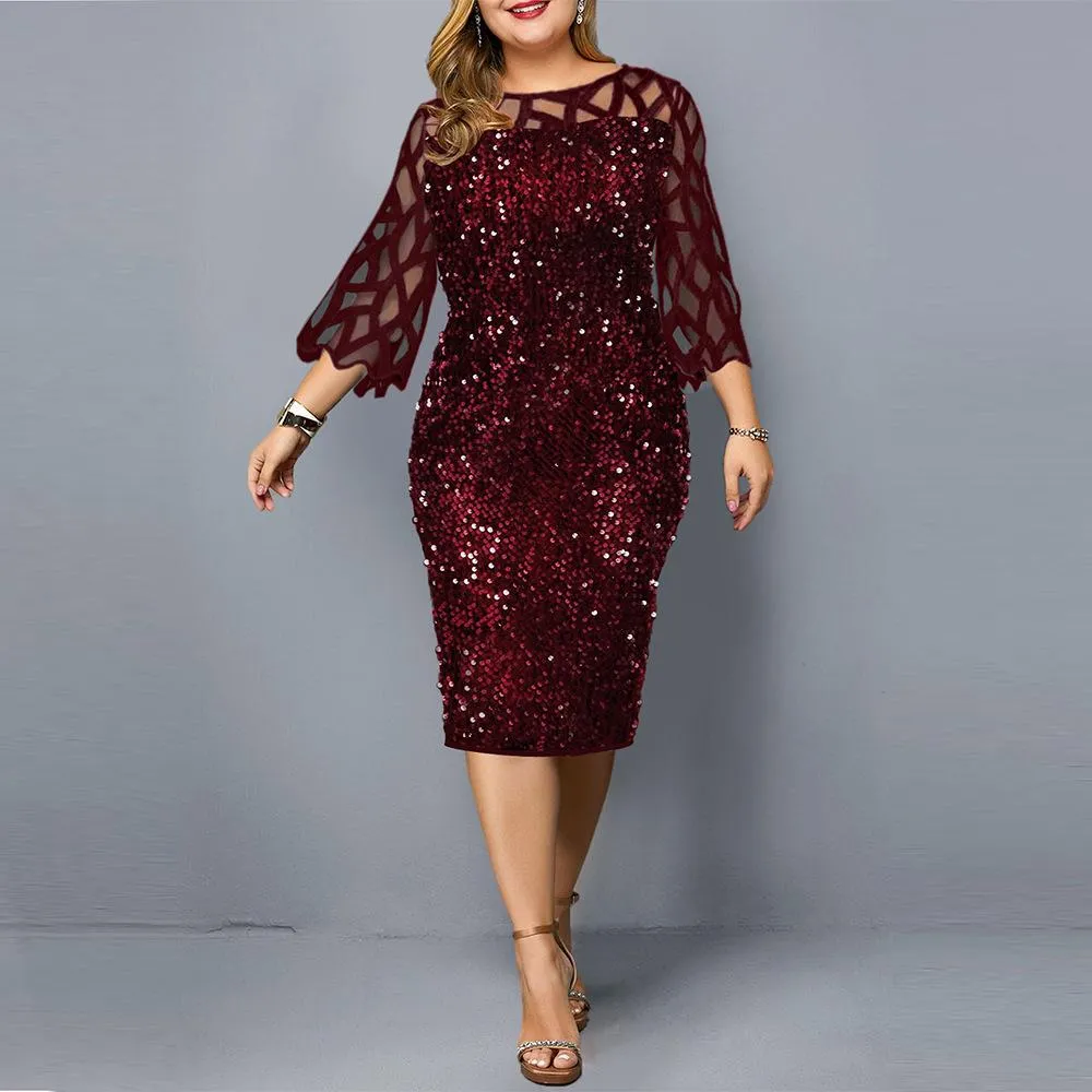 Women Sequin Plus Sizes 3/4 Length Sleeves Fall Dresses