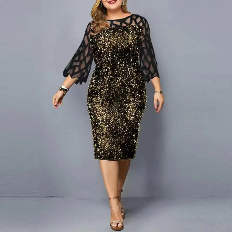 Women Sequin Plus Sizes 3/4 Length Sleeves Fall Dresses