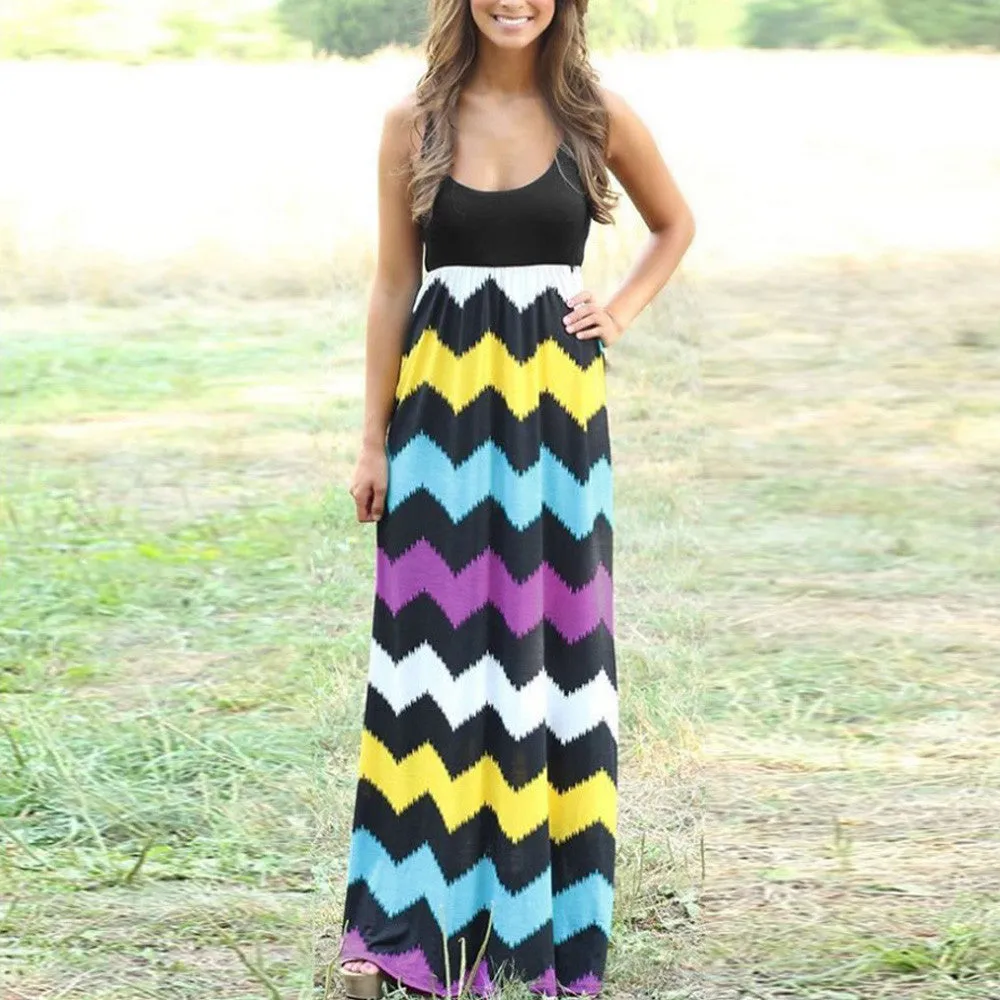 Women Striped Plus Size Summer Beach Long Boho Maxi Dress